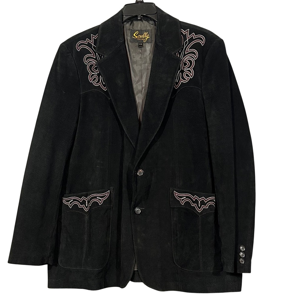 Scully Mens Black Suede Leather Western Blazer Embroidered Sport Coat Size 48